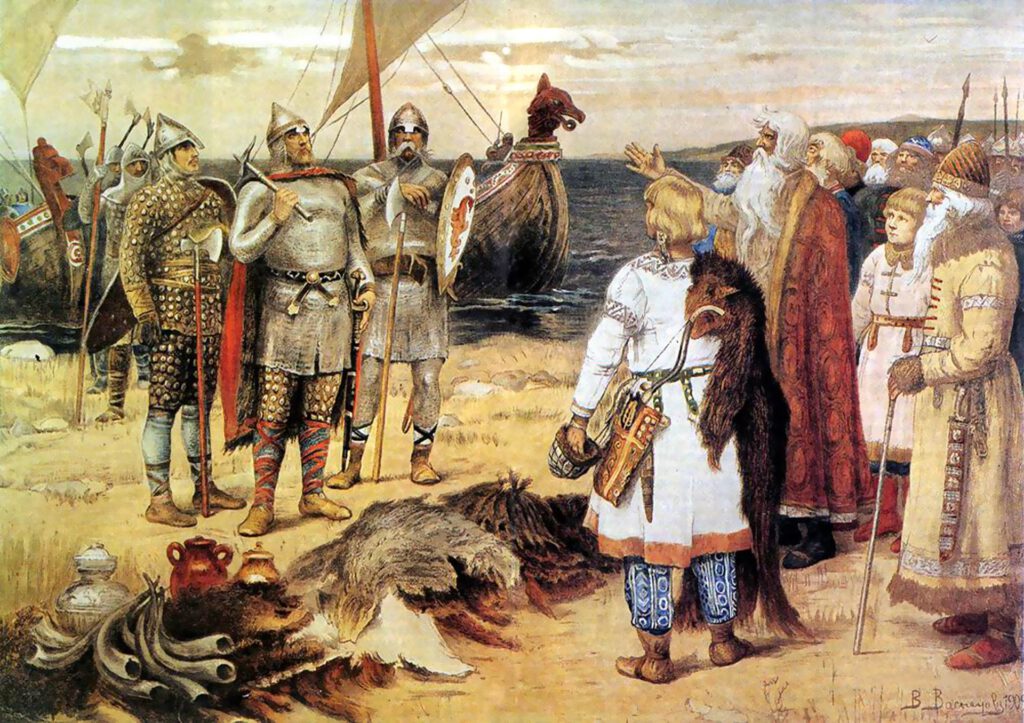 Ruryk wraz z braćmi Syneusem i Truworem witany w Starej Ładodze. Obraz Wiktora Wasniecowa