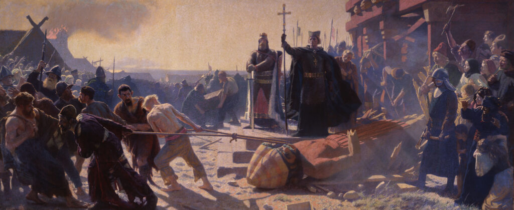Duński biskup Absalon niszczy posąg słowiańskiego boga Świętowita w Arkonie, Laurits Tuxen